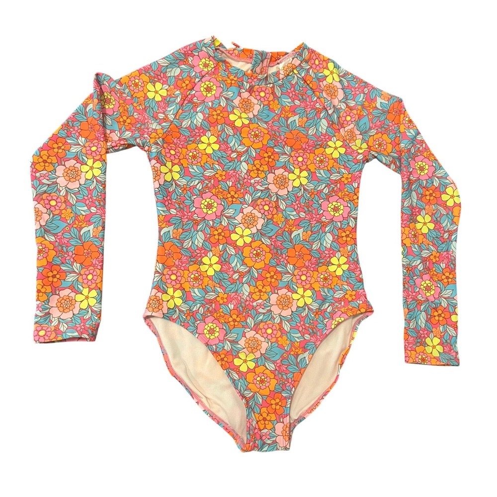 Cat & Jack Swimsuit Girls L 10/12 Pink Orange Floral Long Sleeve One Piece 1630